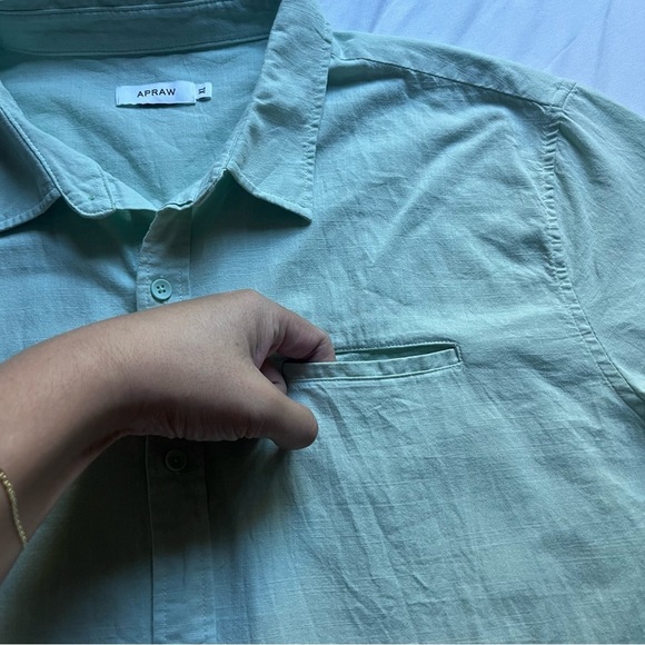 APRAW light mint sage green linen boxy oversized button up short sleeve shirt - Picture 2 of 5